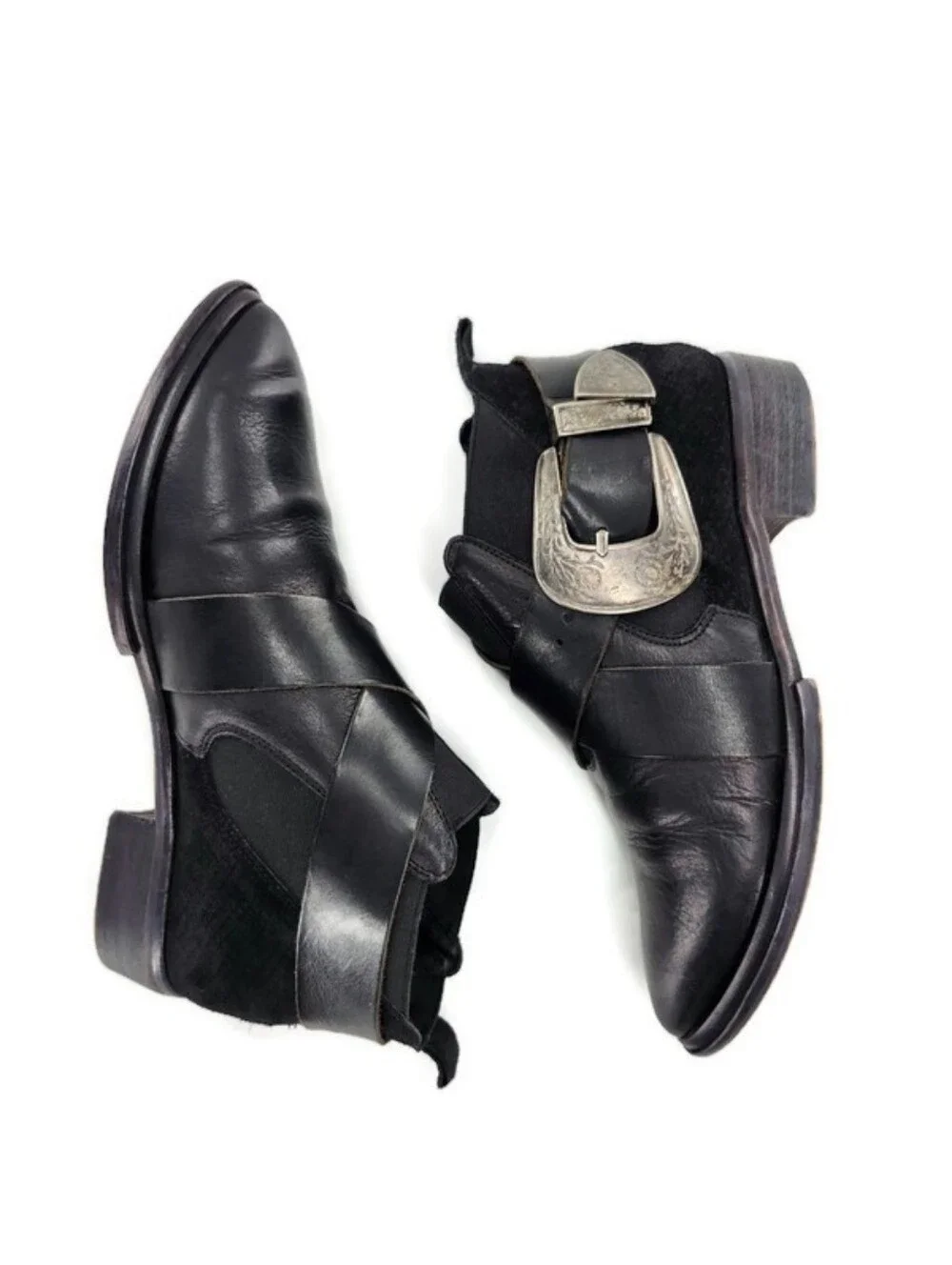Free People Maverick Chelsea Black Leather Silver Etched Buckle Ankle Boots